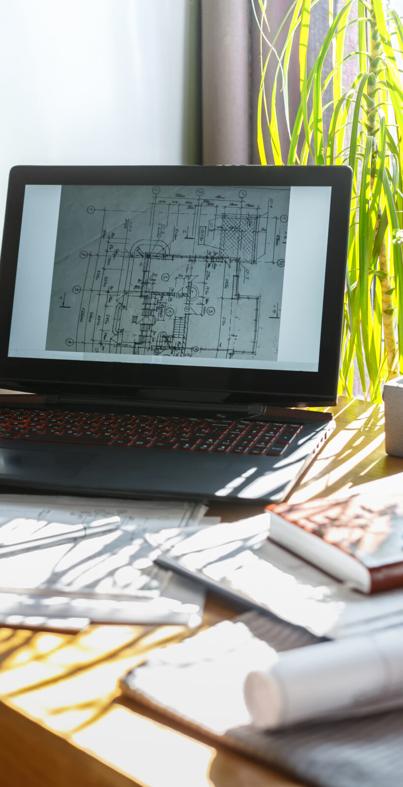 Architect works remotely from home in quarantine, lockdown covid 19 coronavirus. Remote work, stay home, new normality, social distance. Architect design working drawing sketch plans blueprints